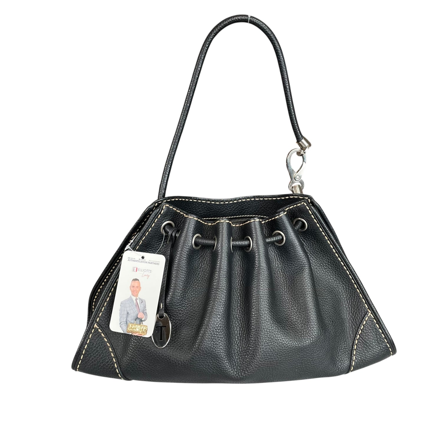 TOD’s Black Equestrian Pebbled Brushed SHW Drawstring Leather Shoulder Purse