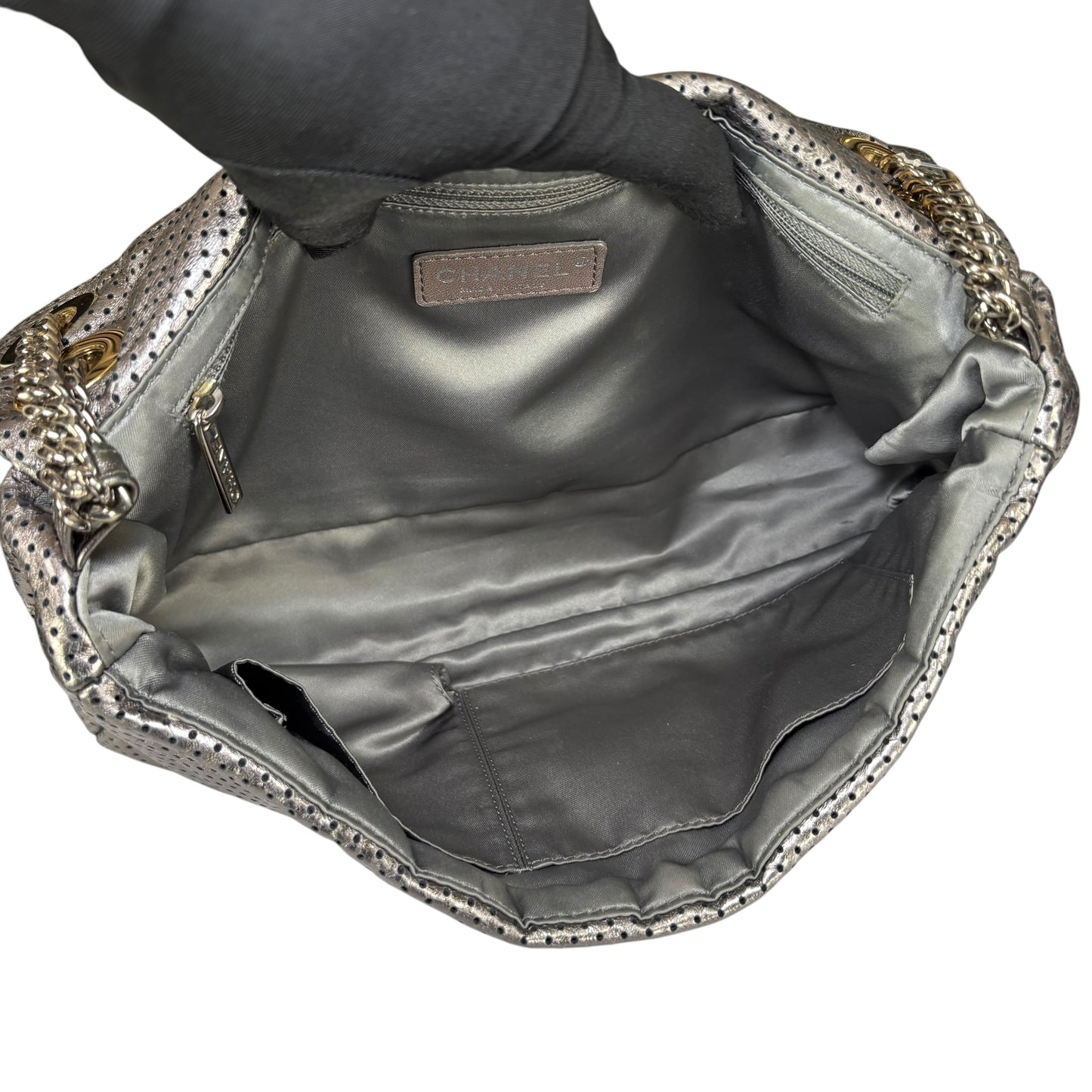 Chanel 2.55 Drill Flap Pewter Metallic Lambskin Leather GHW Med Shoulder Purse