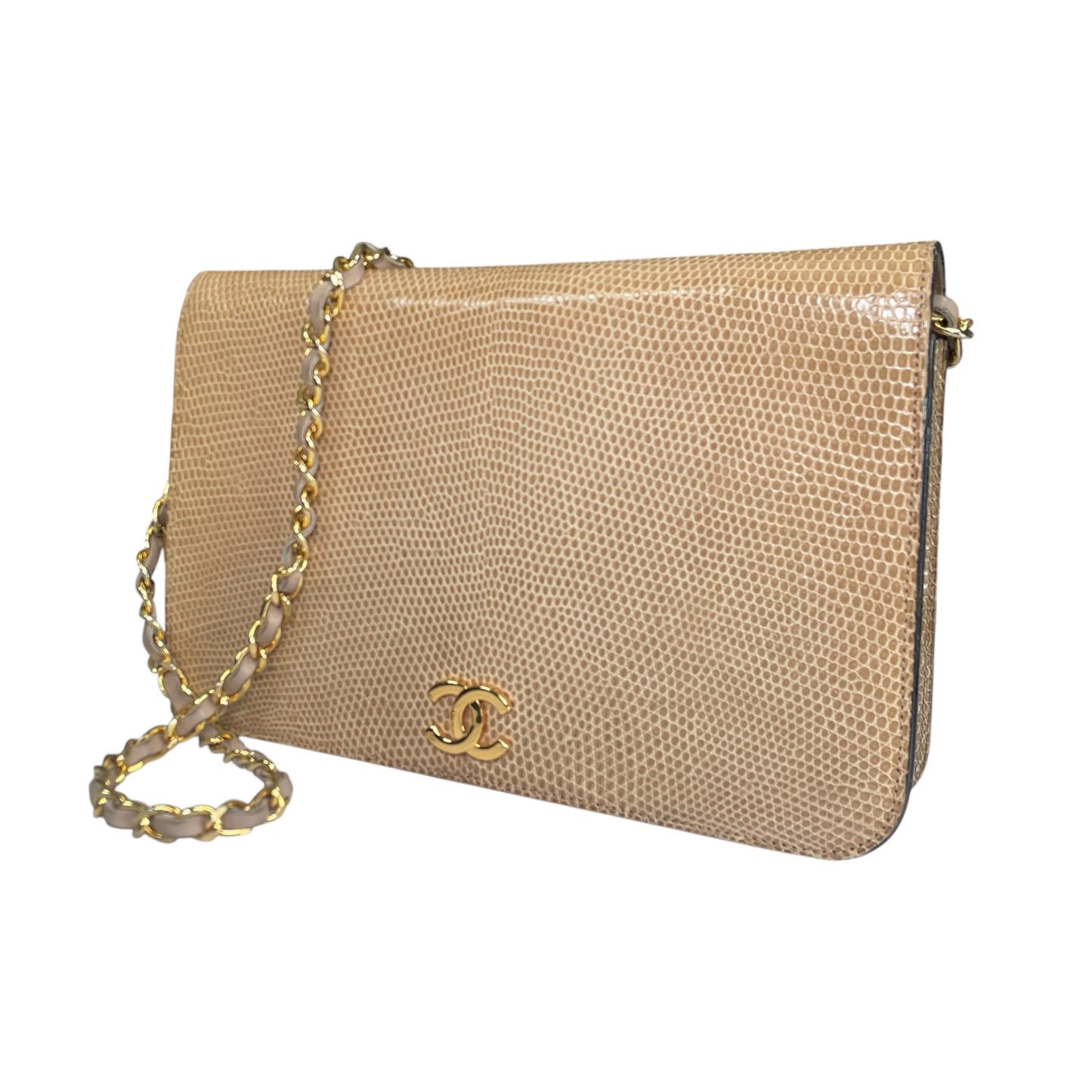 Chanel CC Exotic Lizard Single Flap 24K Plated Lambskin Push Lock Purse