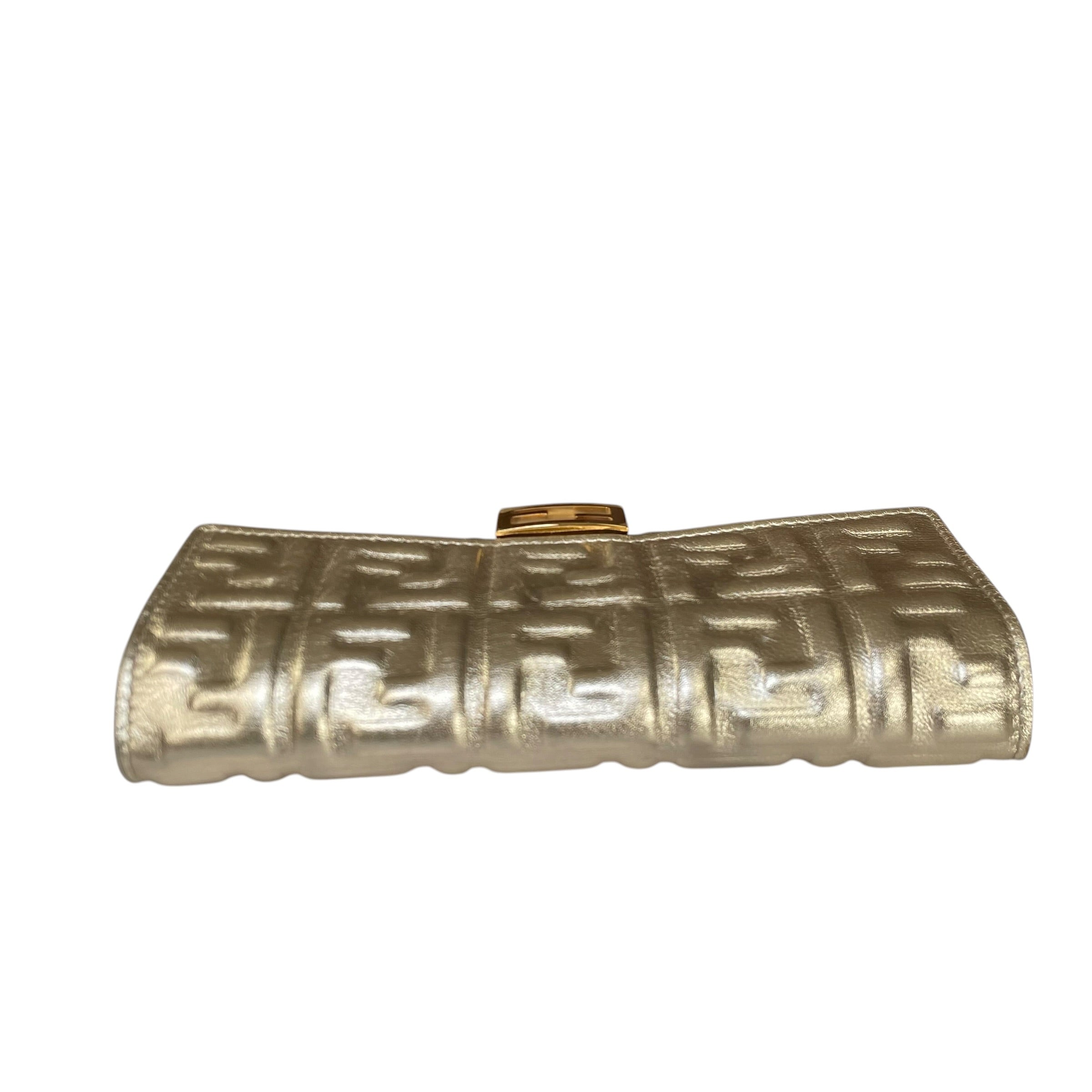 Fendi Zucca Baguette Leather Metallic Gold Silver Continental Long
