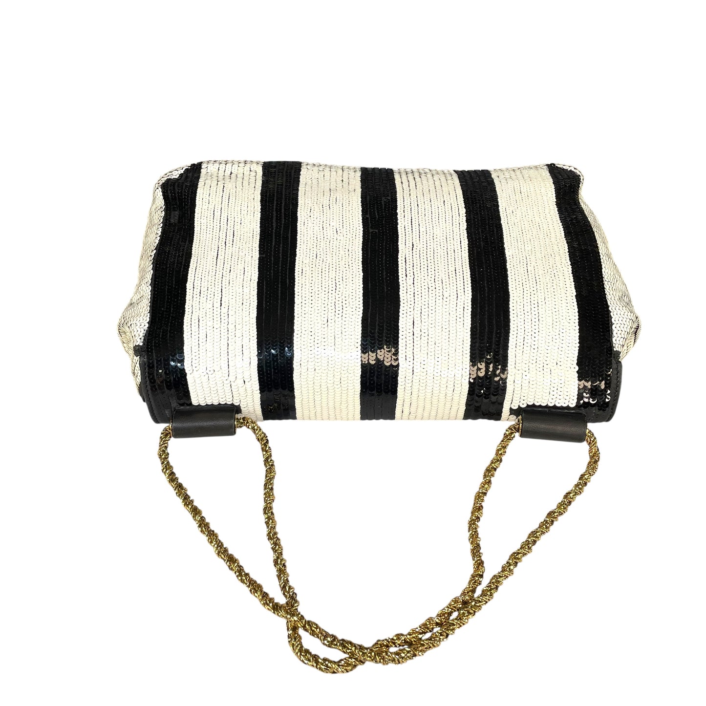 Chloe Elsie Medium Sequin Leather Stripe Black White GHW Rope Strap Shoulder Bag