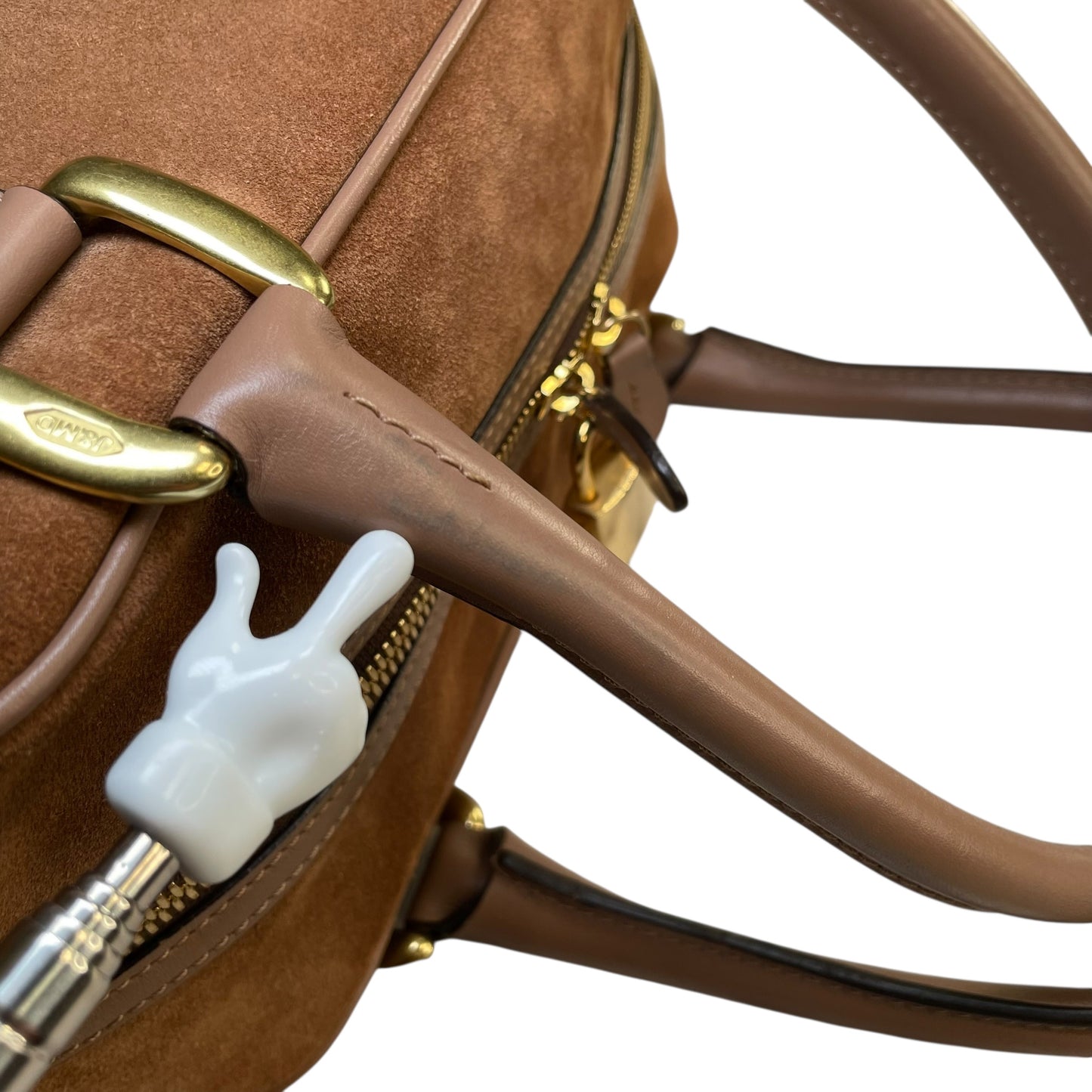 J&M Davidson Mia Equestrian Satchel Suede Leather Brown Lock Key Boston Bag