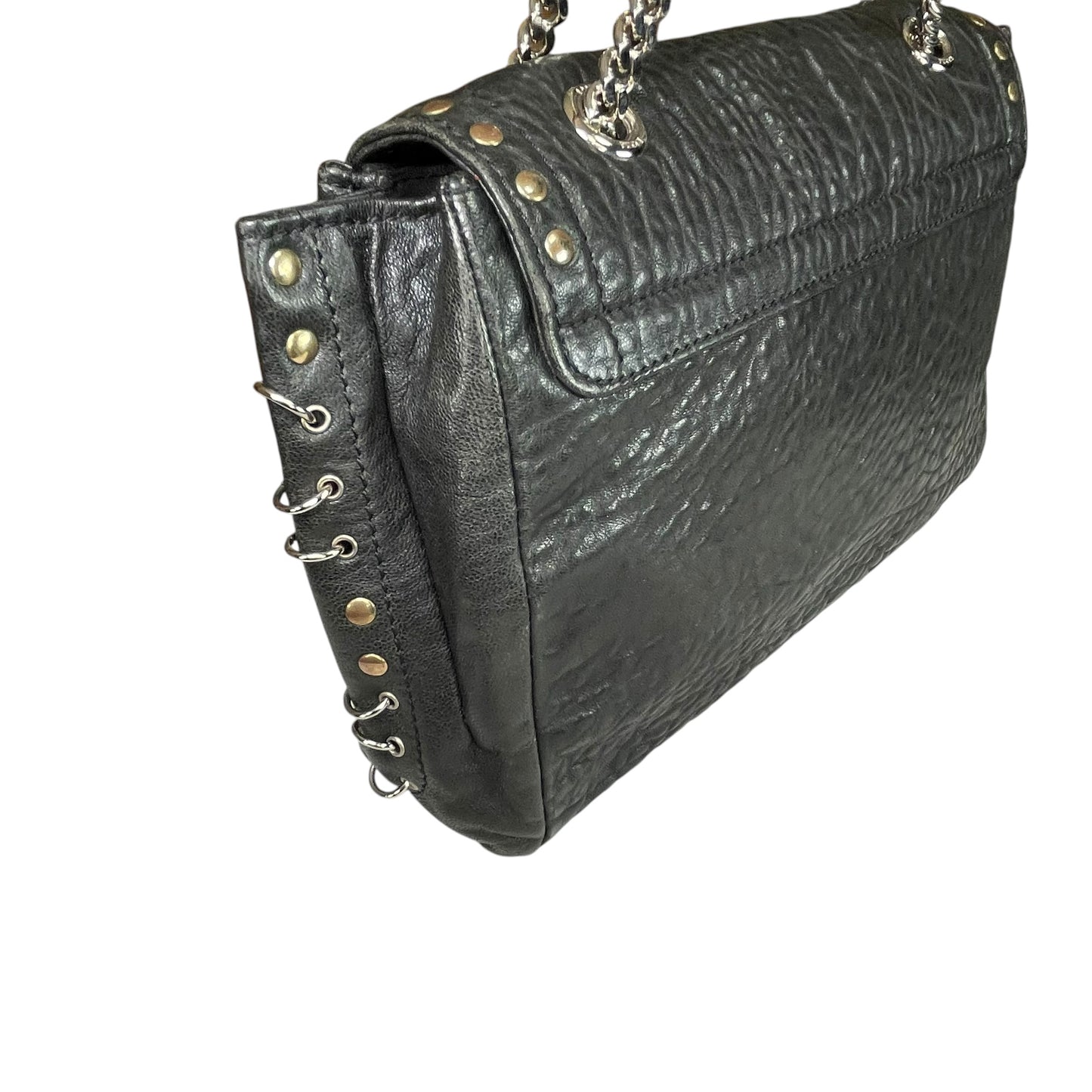 Emilio Pucci Pierced Studded Flap Black Aged Cowhide Silver Gold 2-Way Shoulder Bag