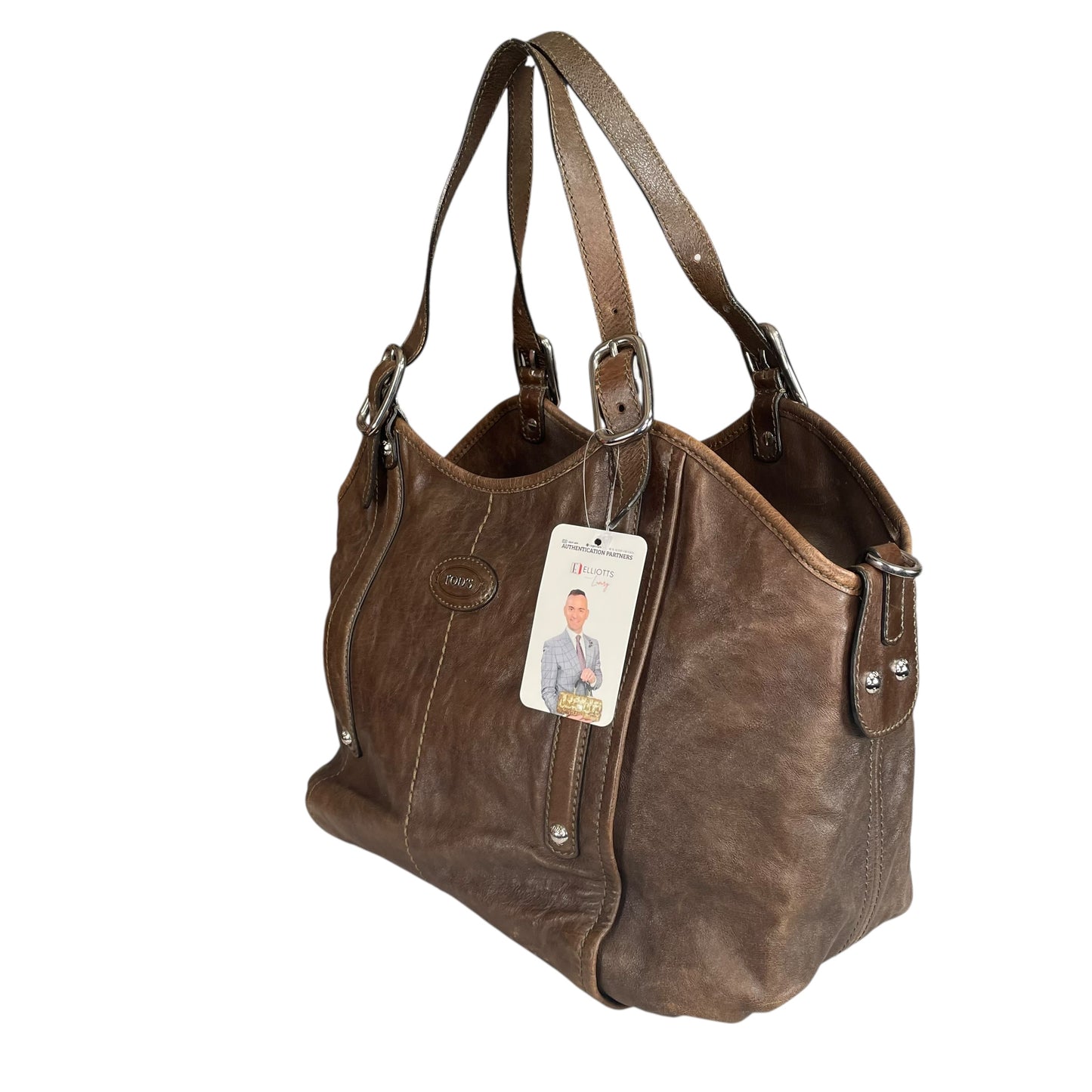 TOD’s G Easy Sacca SHW Grande Distressed Brown Leather Zip Media Tote