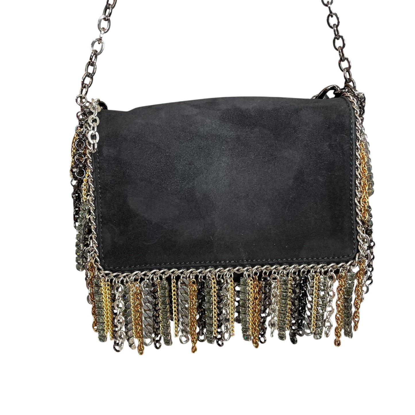 Jimmy Choo  Mini Black Suede Mixed Chain Rhinestone Fringe Hardware 2-Way Clutch Shoulder Purse
