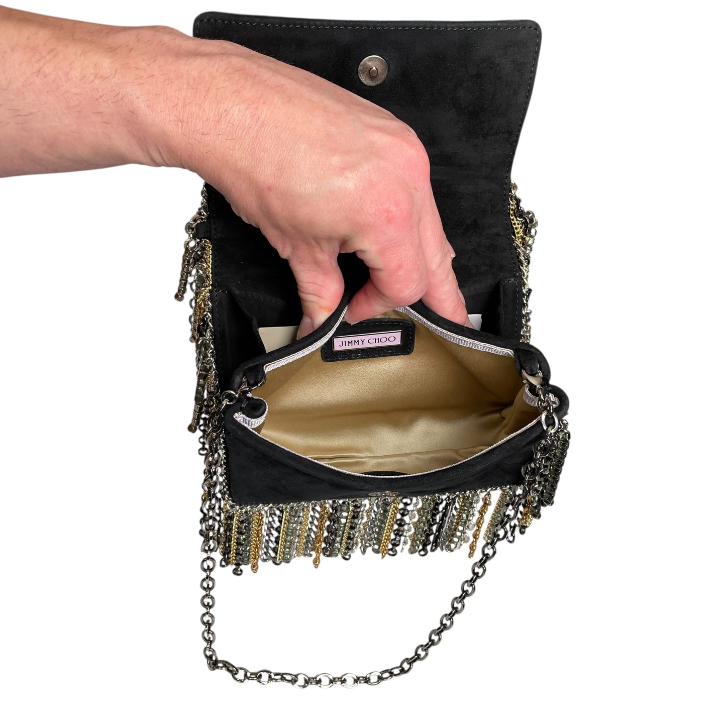 Jimmy Choo  Mini Black Suede Mixed Chain Rhinestone Fringe Hardware 2-Way Clutch Shoulder Purse