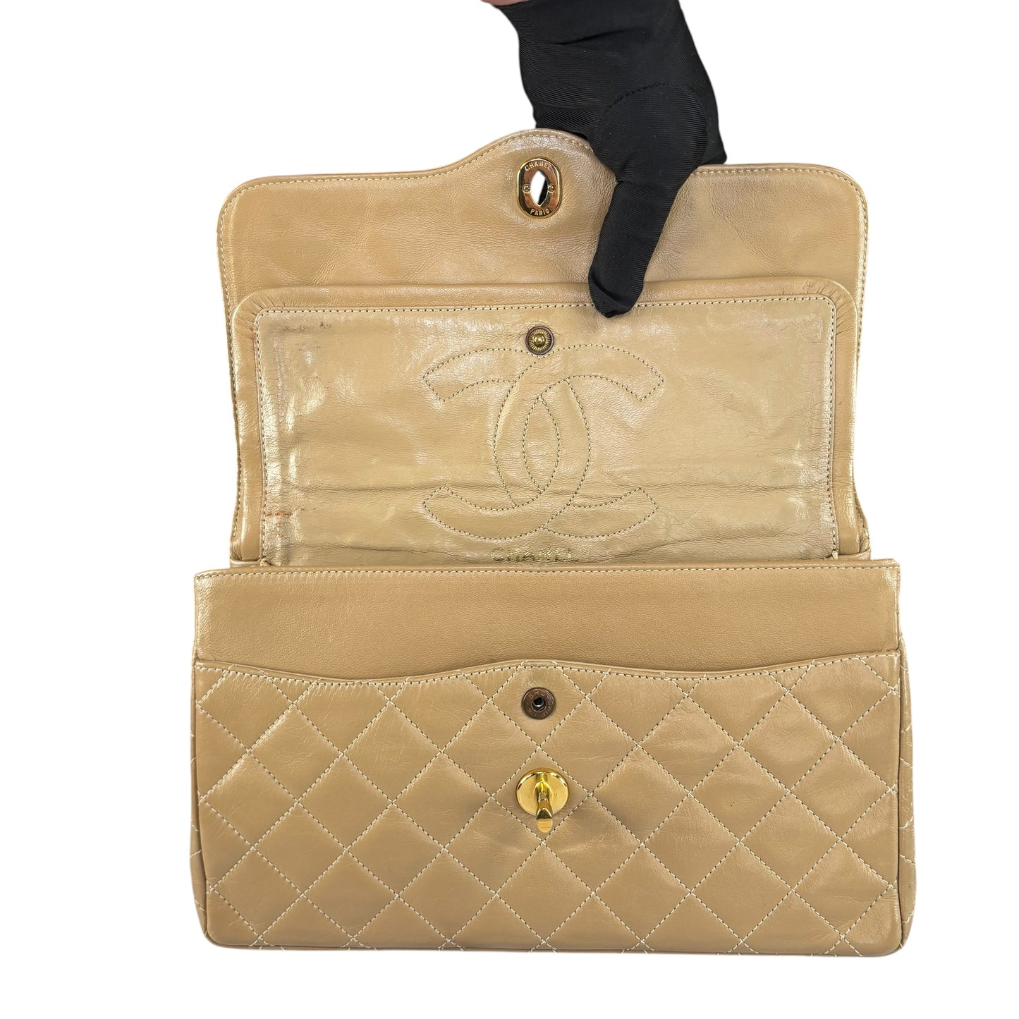 Chanel Paris Limited Beige Double Flap Quilted Lambskin Shoulder Purse