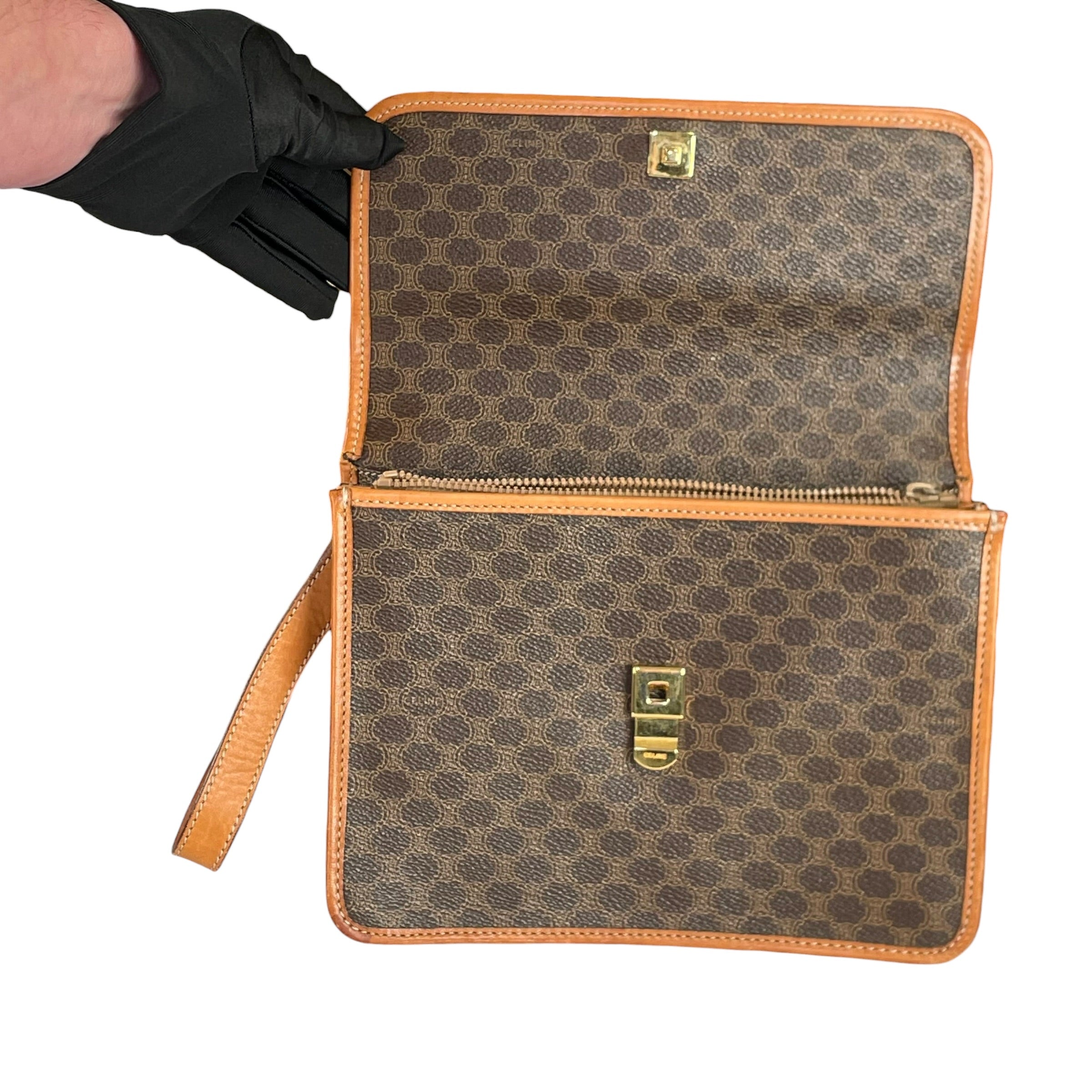 Celine Macadam Monogram GHW Canvas Brown Leather Clutch