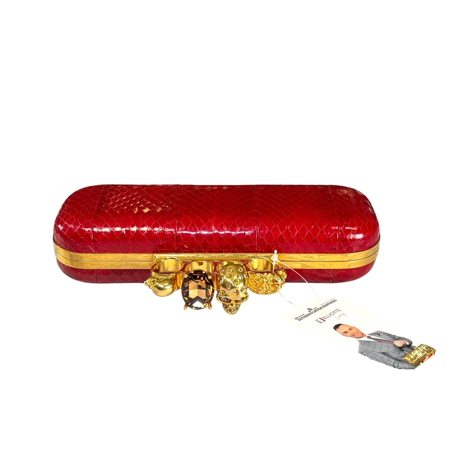Alexander McQueen Ruby Red Embossed Leather Knuckle Clutch – Gold Rhinestone Skull Hardware