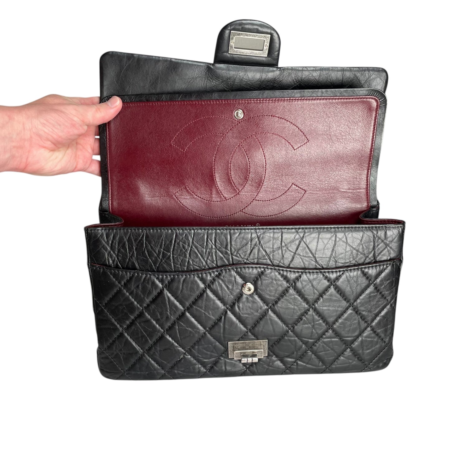 Chanel CC 255 Re-Issue Large Black Aged Calf Gunmetal Hardware Double Flap Purse