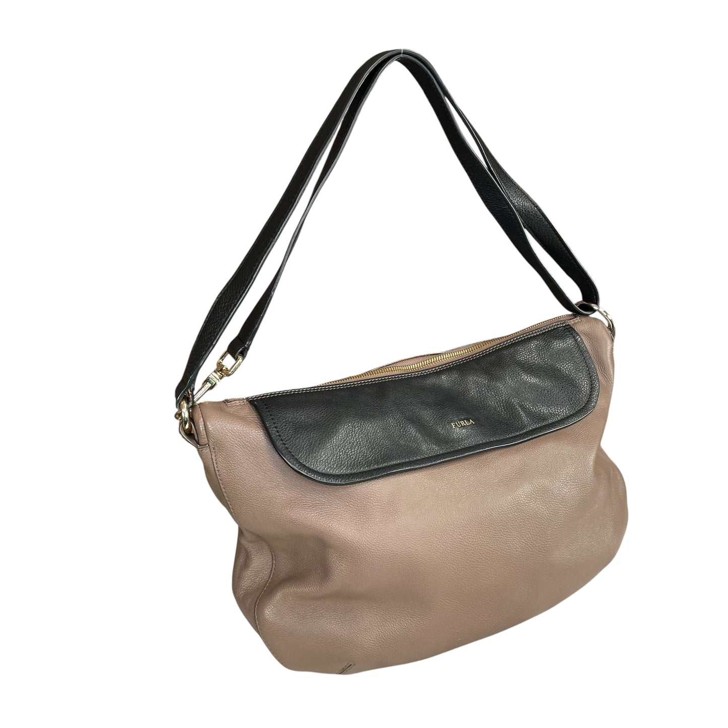 Furla Metropolis Two-Tone GHW Leather Taupe Black 2-Way Shoulder Hobo Purse