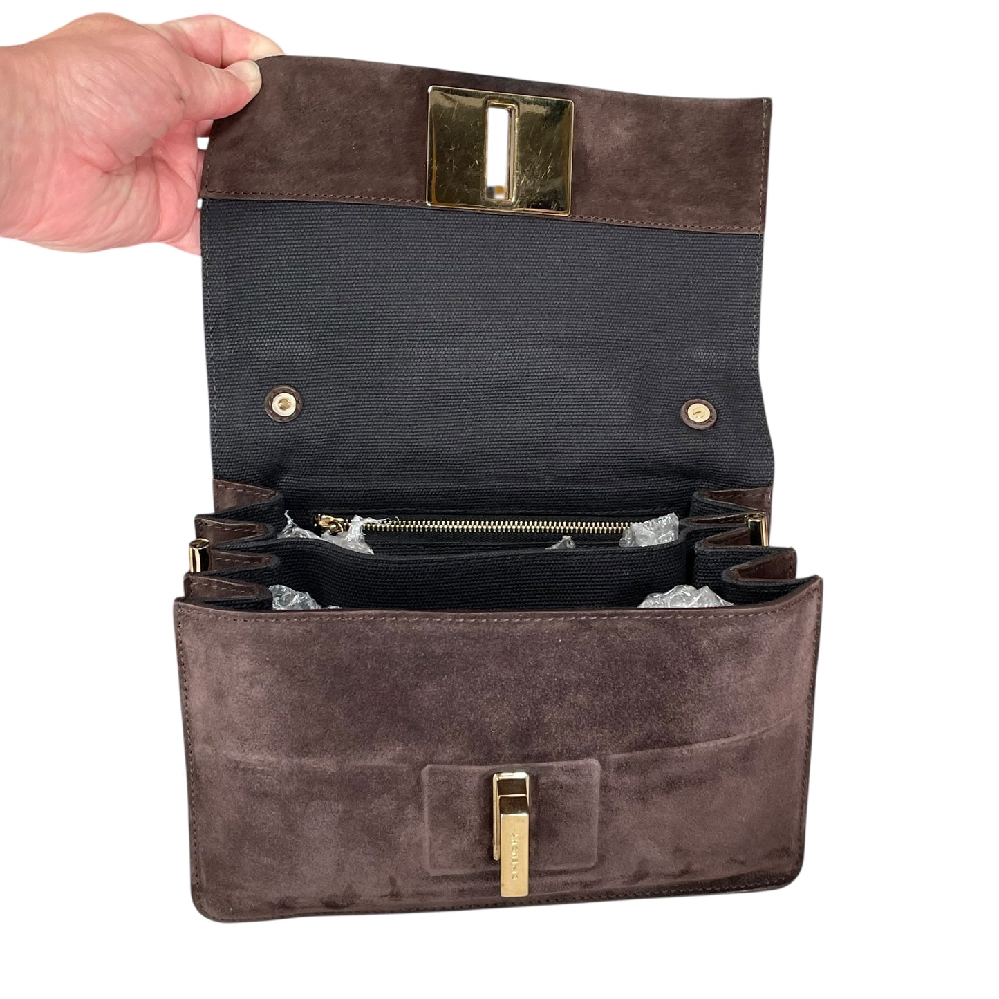 Givenchy Turn-Lock 4G Brown Suede GHW Woven Strap Clutch Handbag