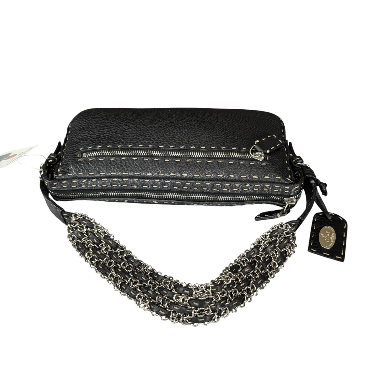 Fendi Selleria Baguette Black Leather Sterling Mesh Chain Purse