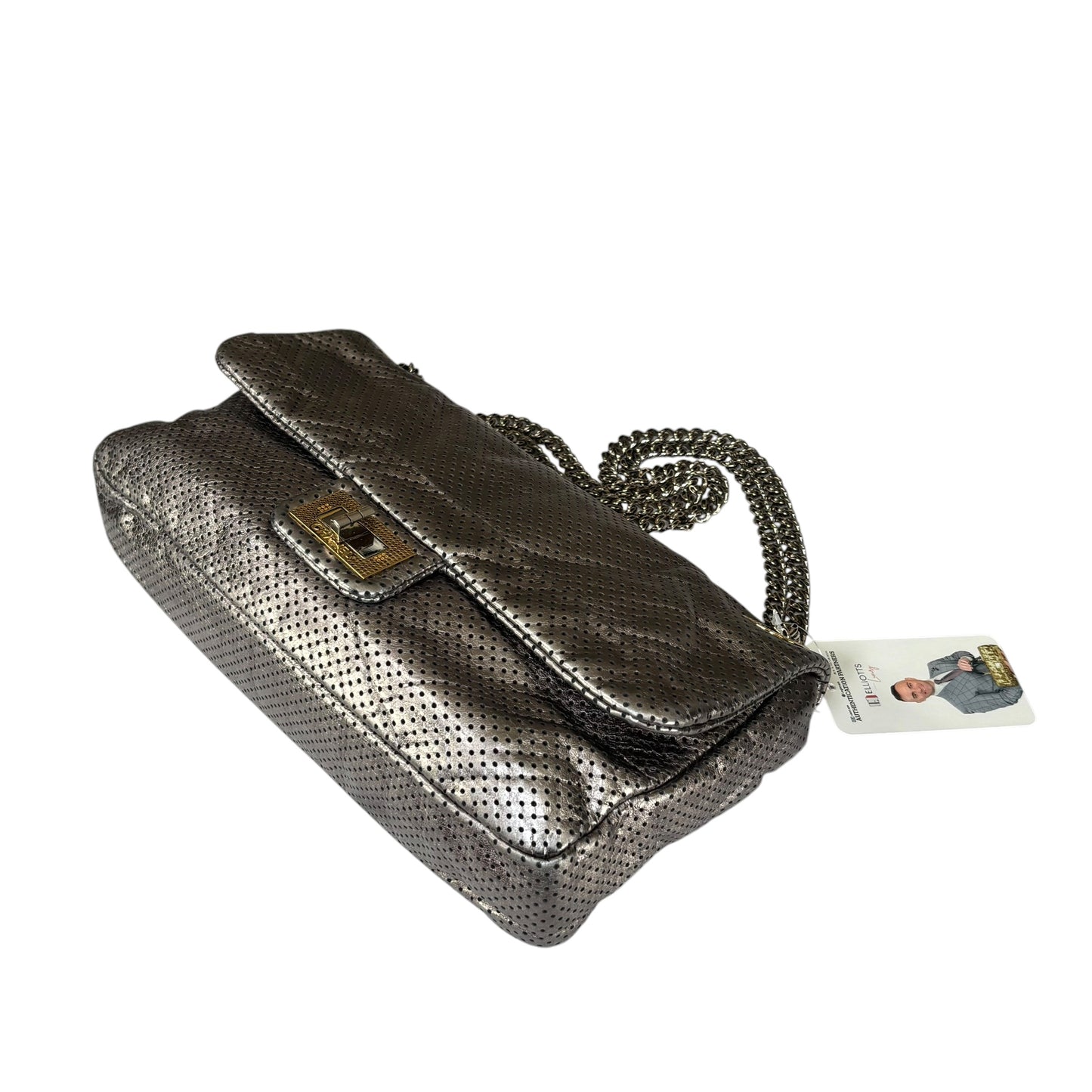 Chanel 2.55 Drill Flap Pewter Metallic Lambskin Leather GHW Med Shoulder Purse