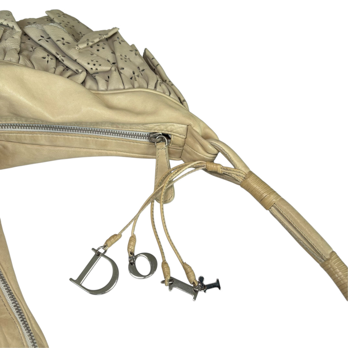Christian Dior Bone Gypsy Ruffled Leather Perforated Hobo Bag