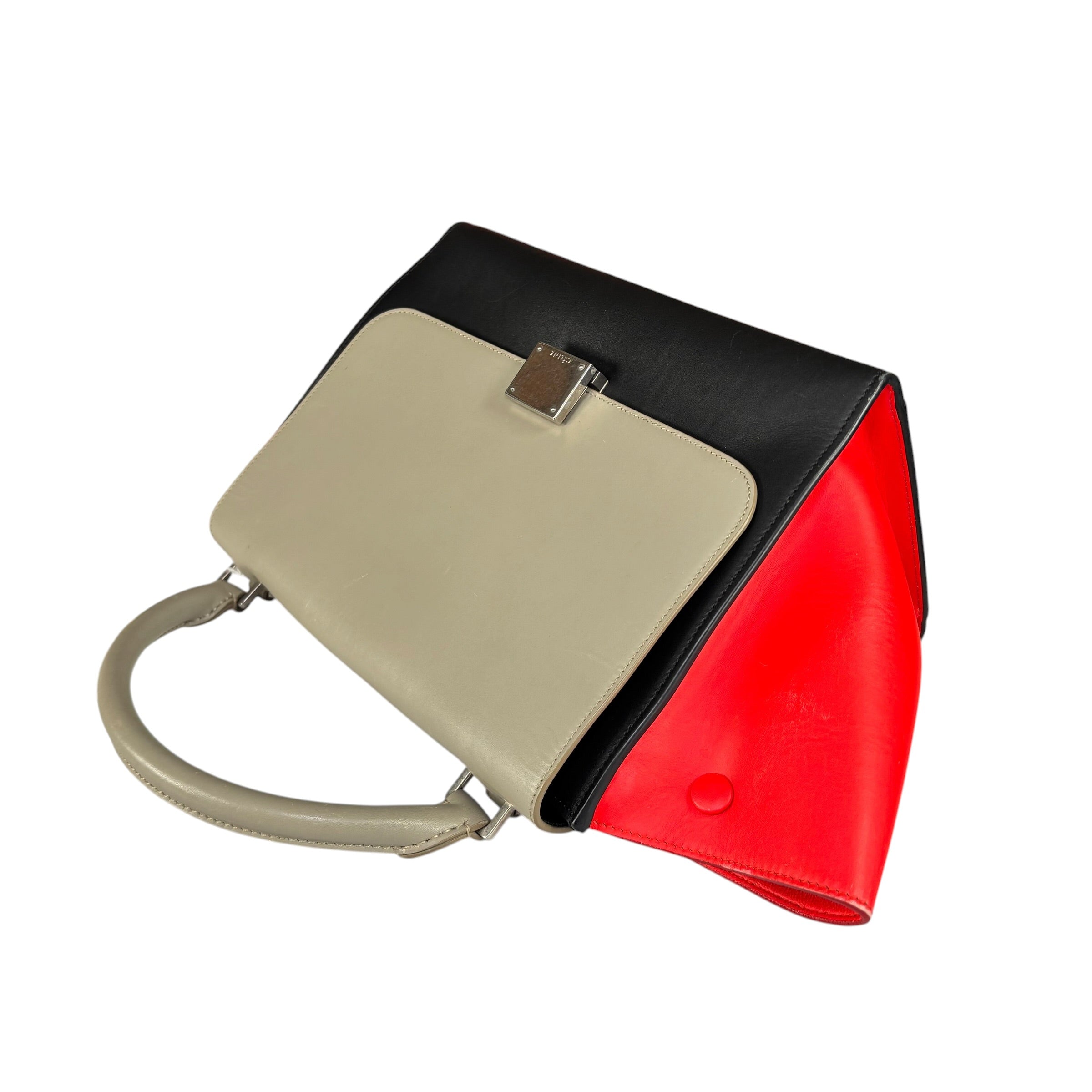 セリーヌ Celine Trapeze Tri-Color Red Black Grey Turn-Lock Top Handle Purse