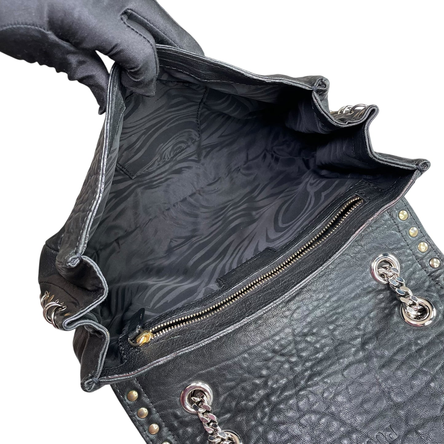 Emilio Pucci Pierced Studded Flap Black Aged Cowhide Silver Gold 2-Way Shoulder Bag