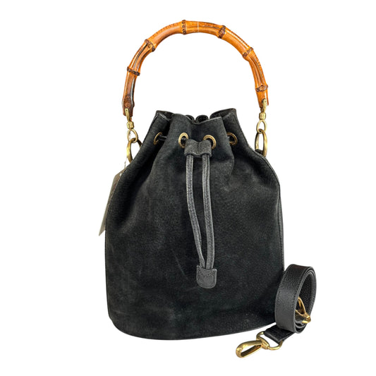 Gucci Bamboo Black Leather Suede Bucket Shoulder Bag