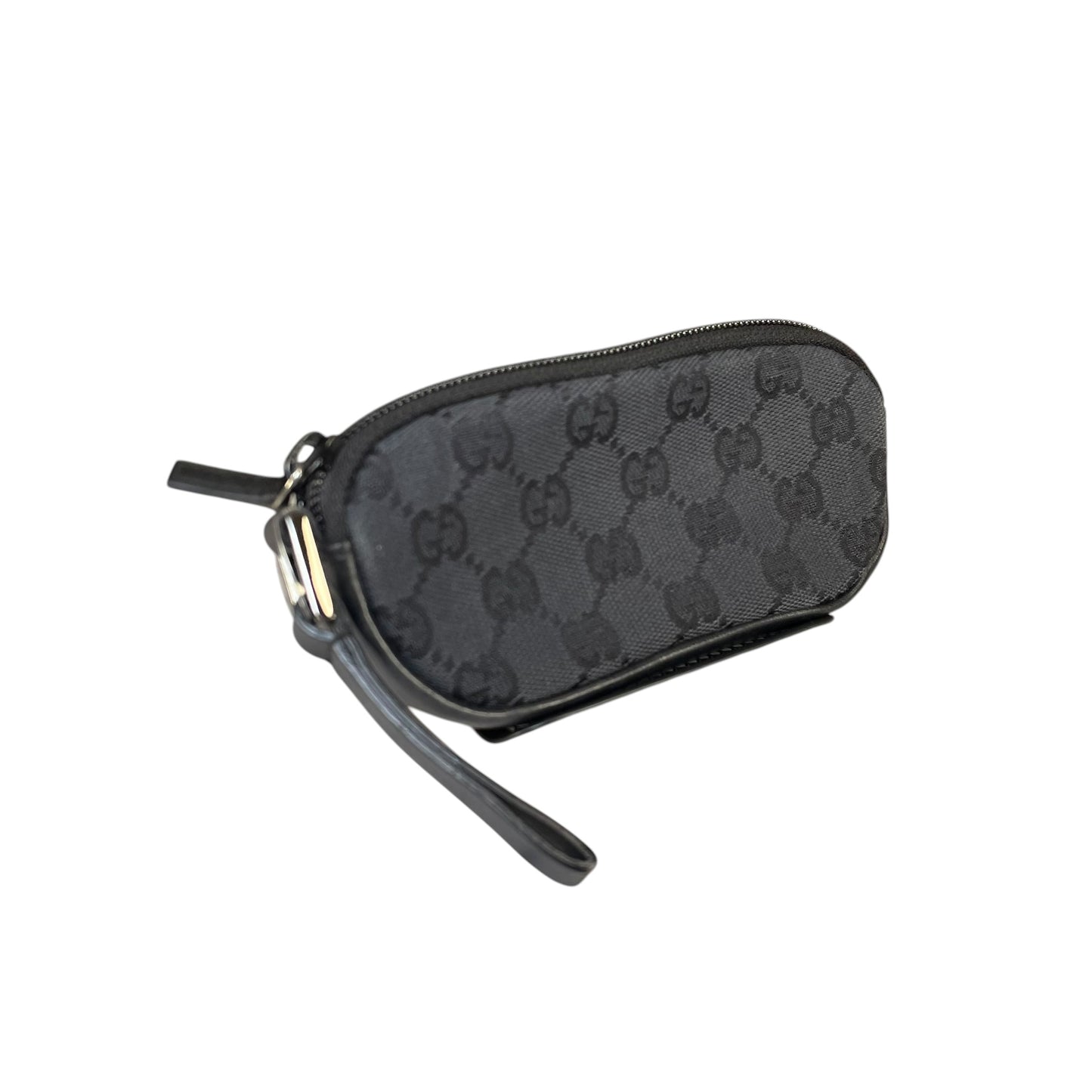 Gucci GG Black Canvas Leather Coin Card Wristlet Slim Zip Pouch