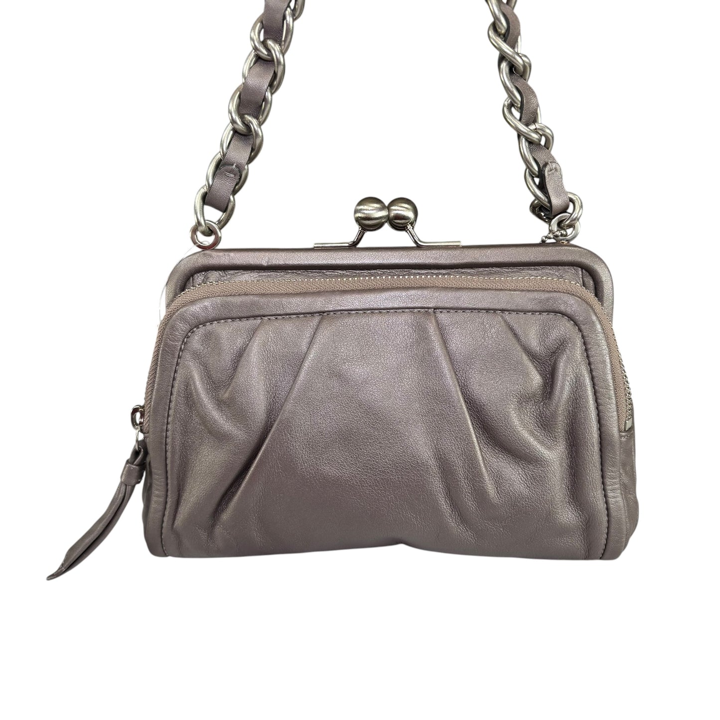 Coach Y2K Parker Gray Metallic Nickel HW Chain Kiss-Lock Leather Shoulder Purse