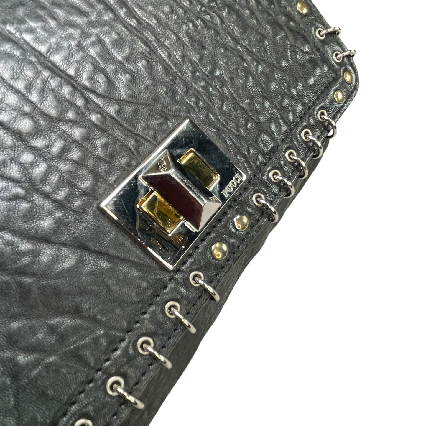 Emilio Pucci Pierced Studded Flap Black Aged Cowhide Silver Gold 2-Way Shoulder Bag
