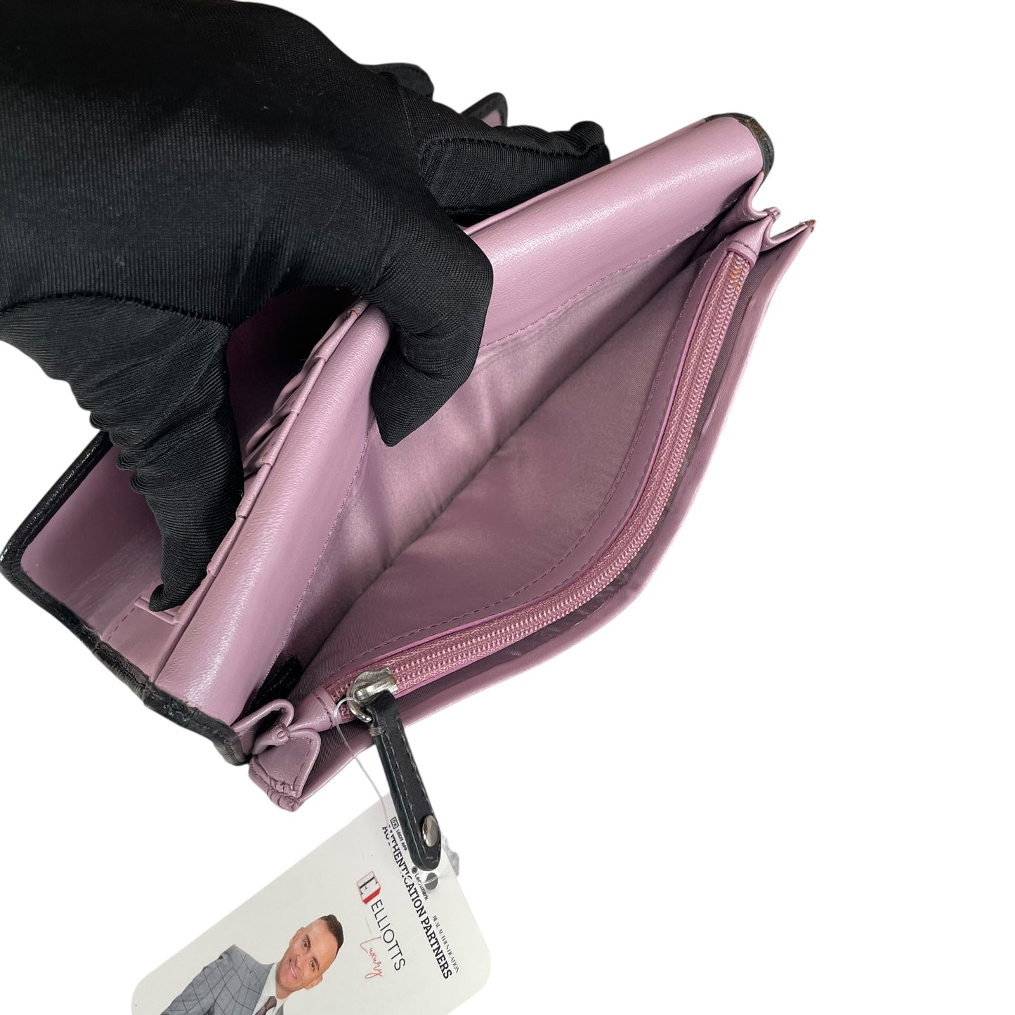 Coach Madison Carriage Logo Black Leather Trifold Long Wallet Lilac Interior SHW