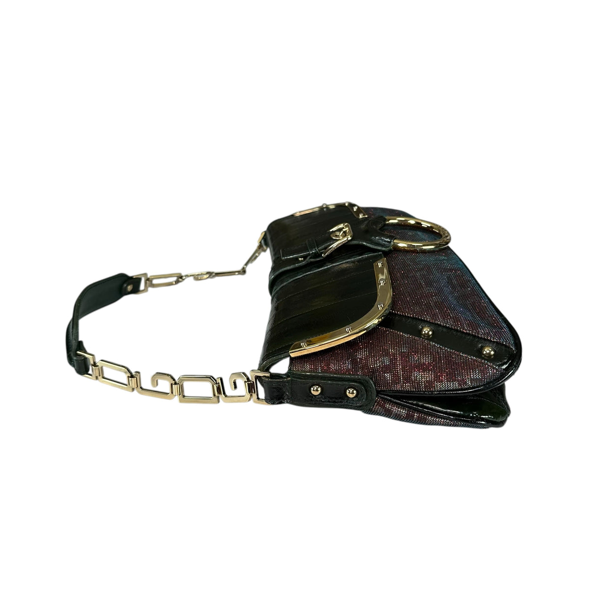 Dolce & Gabbana D-Ring Eel Skin Green / Gold Hologlyphic Canvas Shoulder Purse