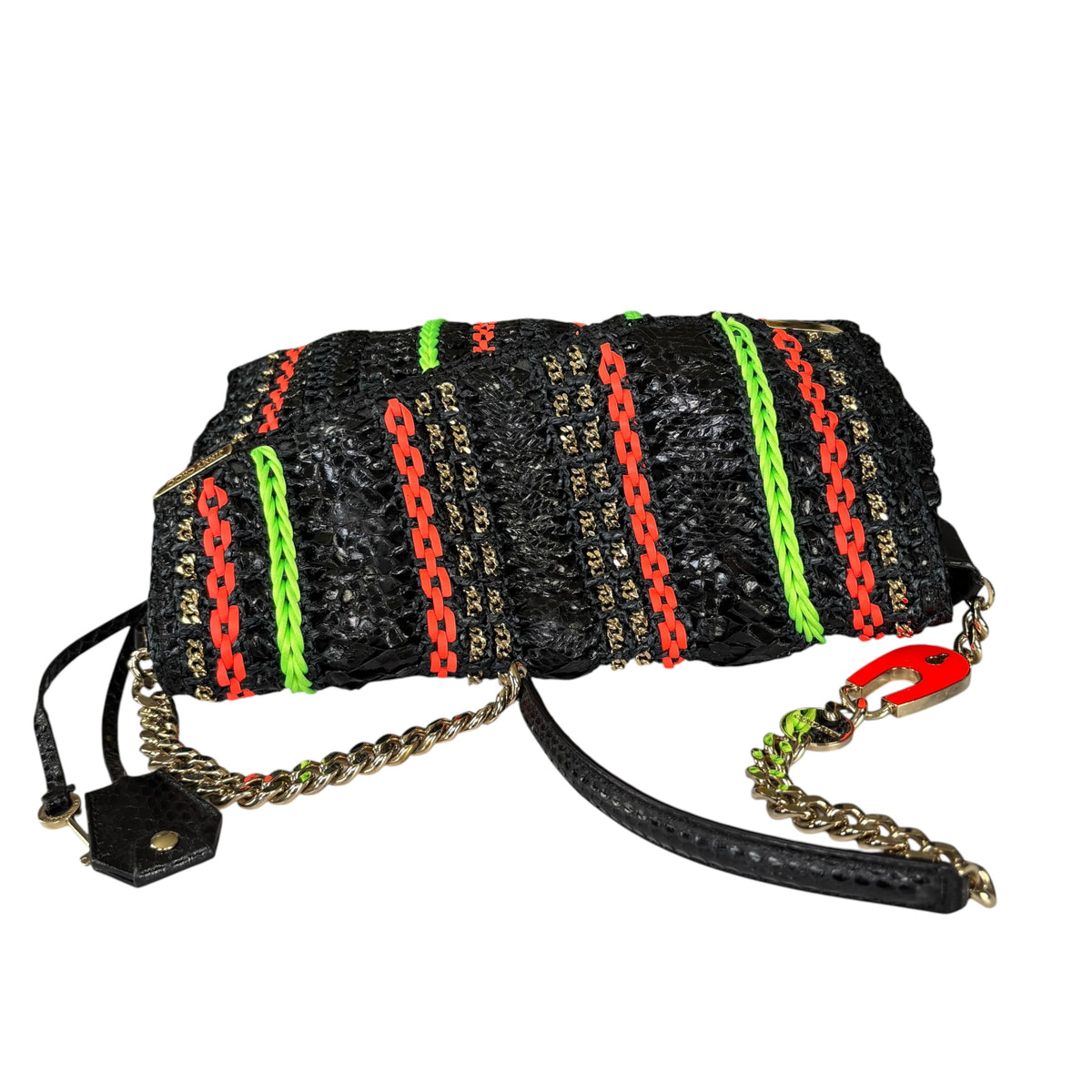 Jimmy Choo GHW Leather Rafia Neon Black Snake Chain Flap