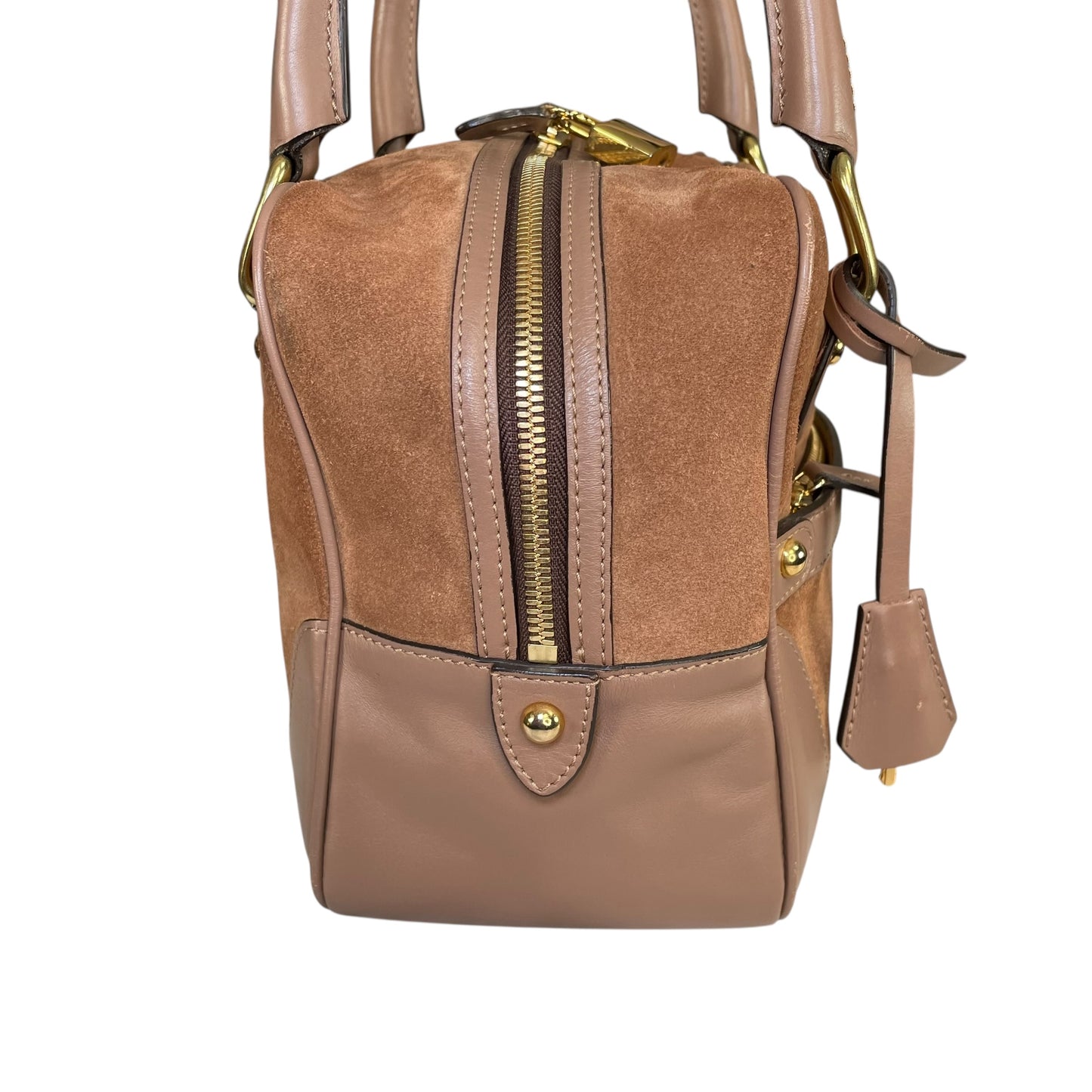 J&M Davidson Mia Equestrian Satchel Suede Leather Brown Lock Key Boston Bag