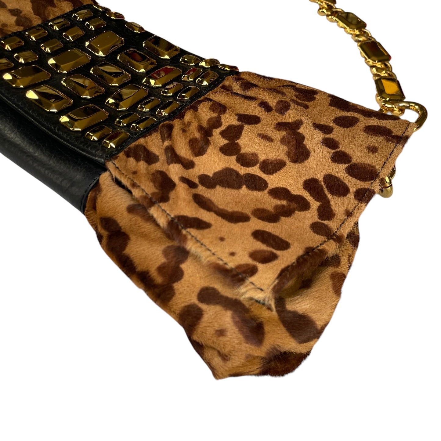 Valentino Leopard Pony Hair Studded GHW East-West Chain Shoulder Bag / Clutch