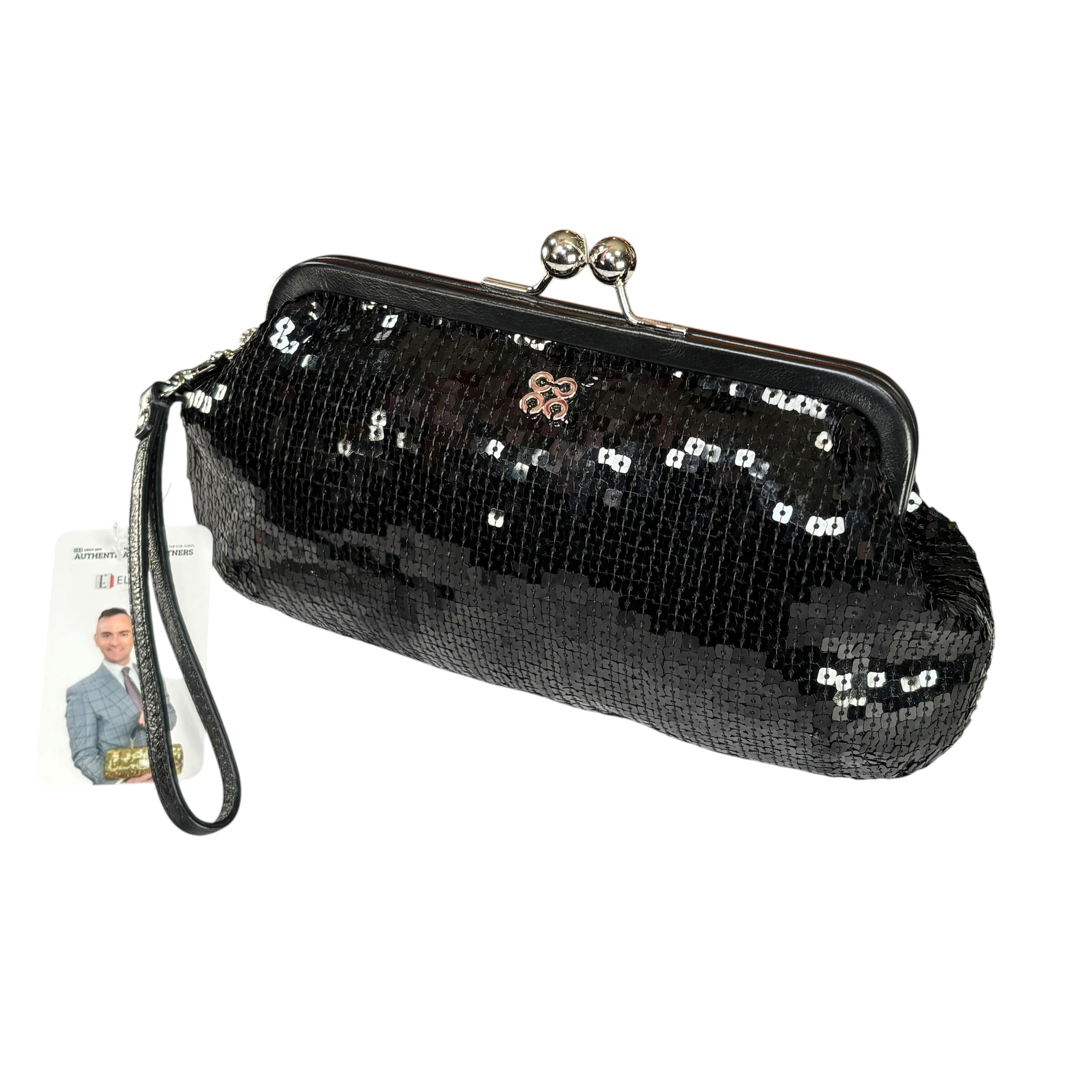 Coach Opti C Aubrey Sequin Black Leather Kiss-Lock Closure Clutch