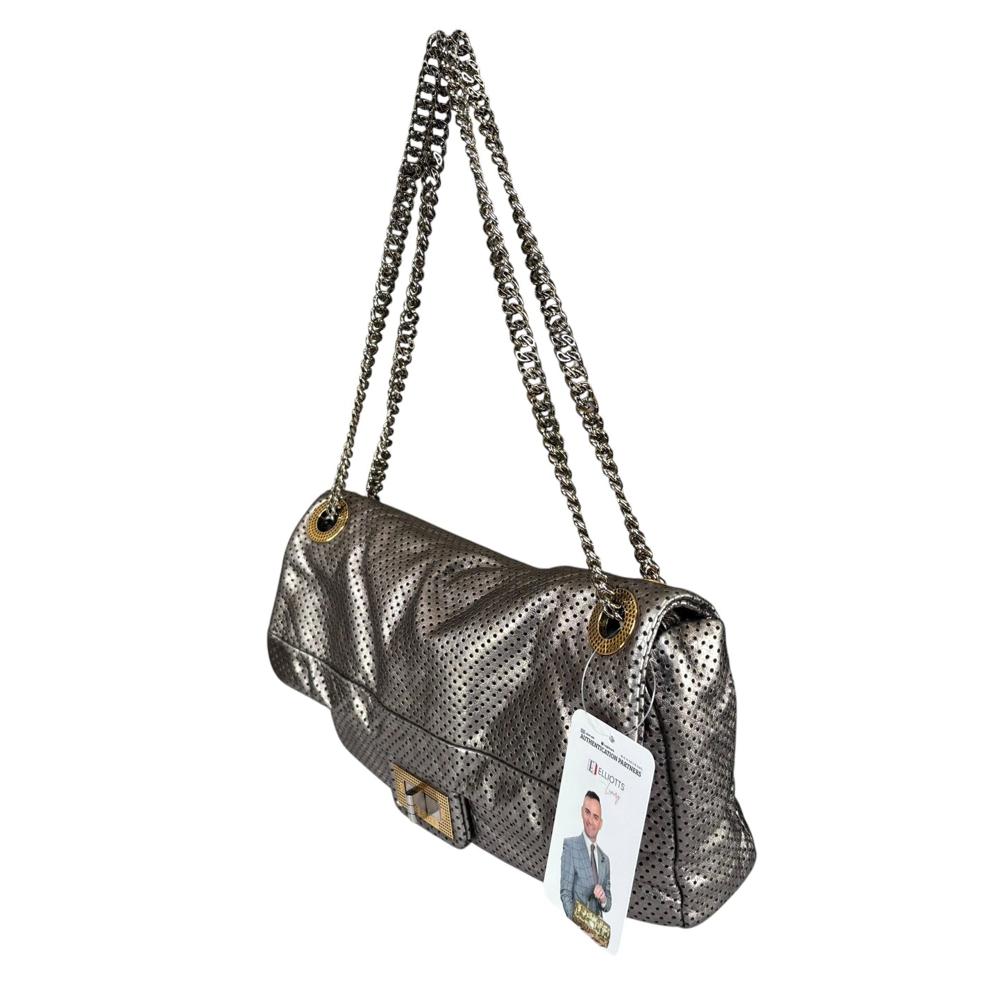 Chanel 2.55 Drill Flap Pewter Metallic Lambskin Leather GHW Med Shoulder Purse