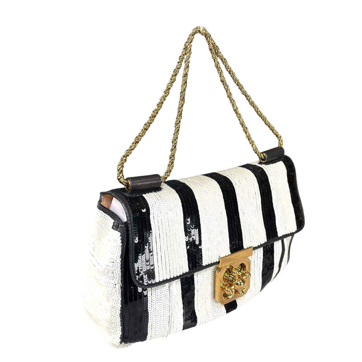 Chloe Elsie Medium Sequin Leather Stripe Black White GHW Rope Strap Shoulder Bag
