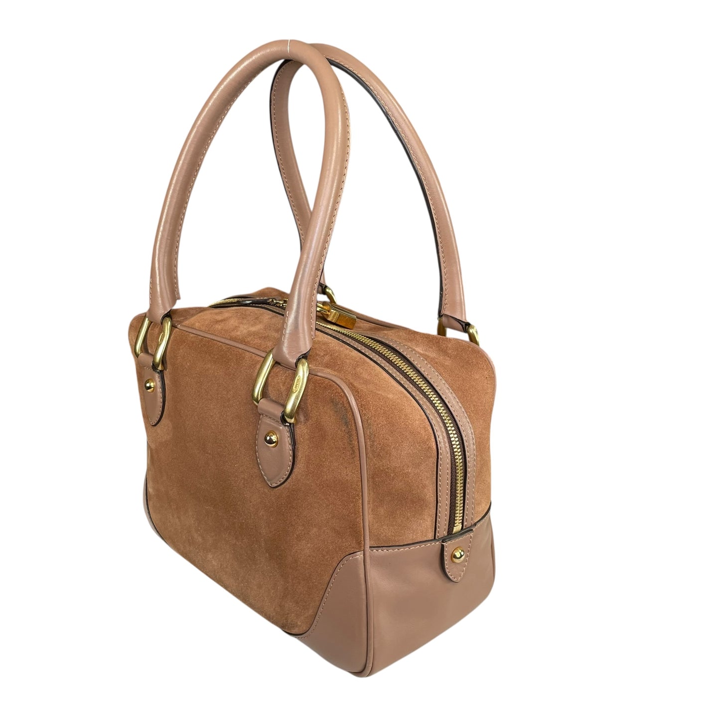 J&M Davidson Mia Equestrian Satchel Suede Leather Brown Lock Key Boston Bag