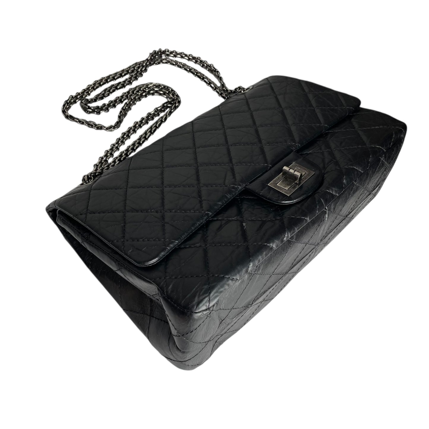 Chanel CC 255 Re-Issue Large Black Aged Calf Gunmetal Hardware Double Flap Purse