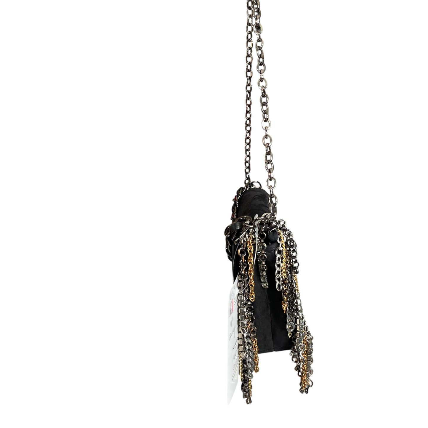 Jimmy Choo  Mini Black Suede Mixed Chain Rhinestone Fringe Hardware 2-Way Clutch Shoulder Purse