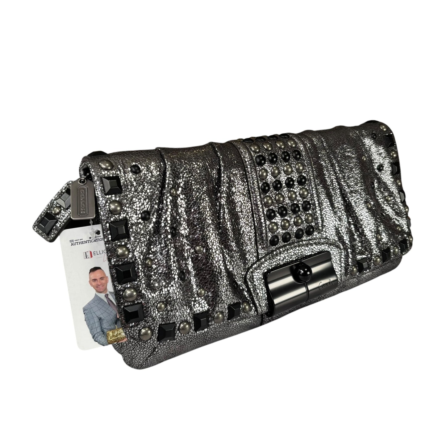 Coach Metallic Studded Gunmetal XL Kristian Leather Clutch