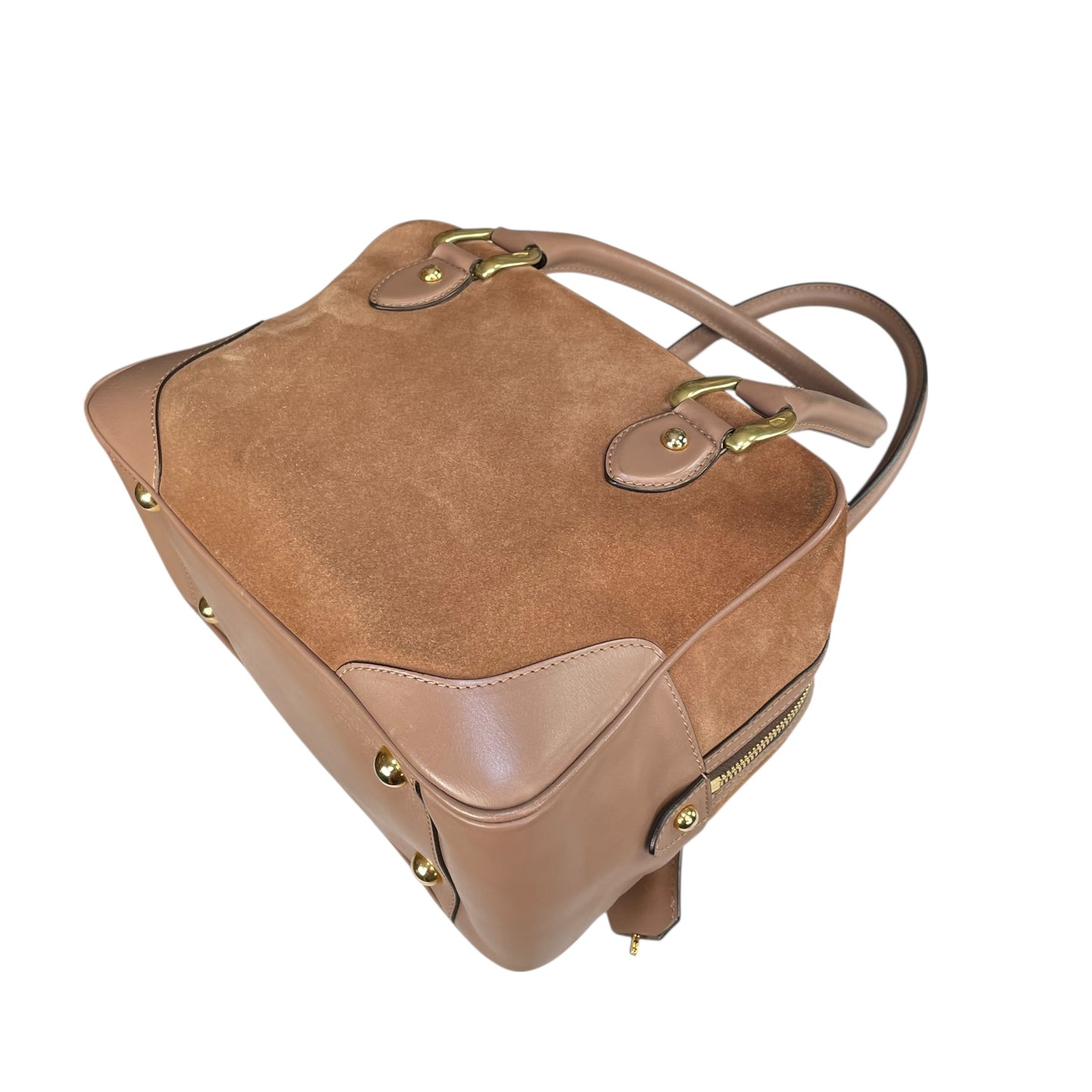 J&M Davidson Mia Equestrian Satchel Suede Leather Brown Lock Key Boston Bag