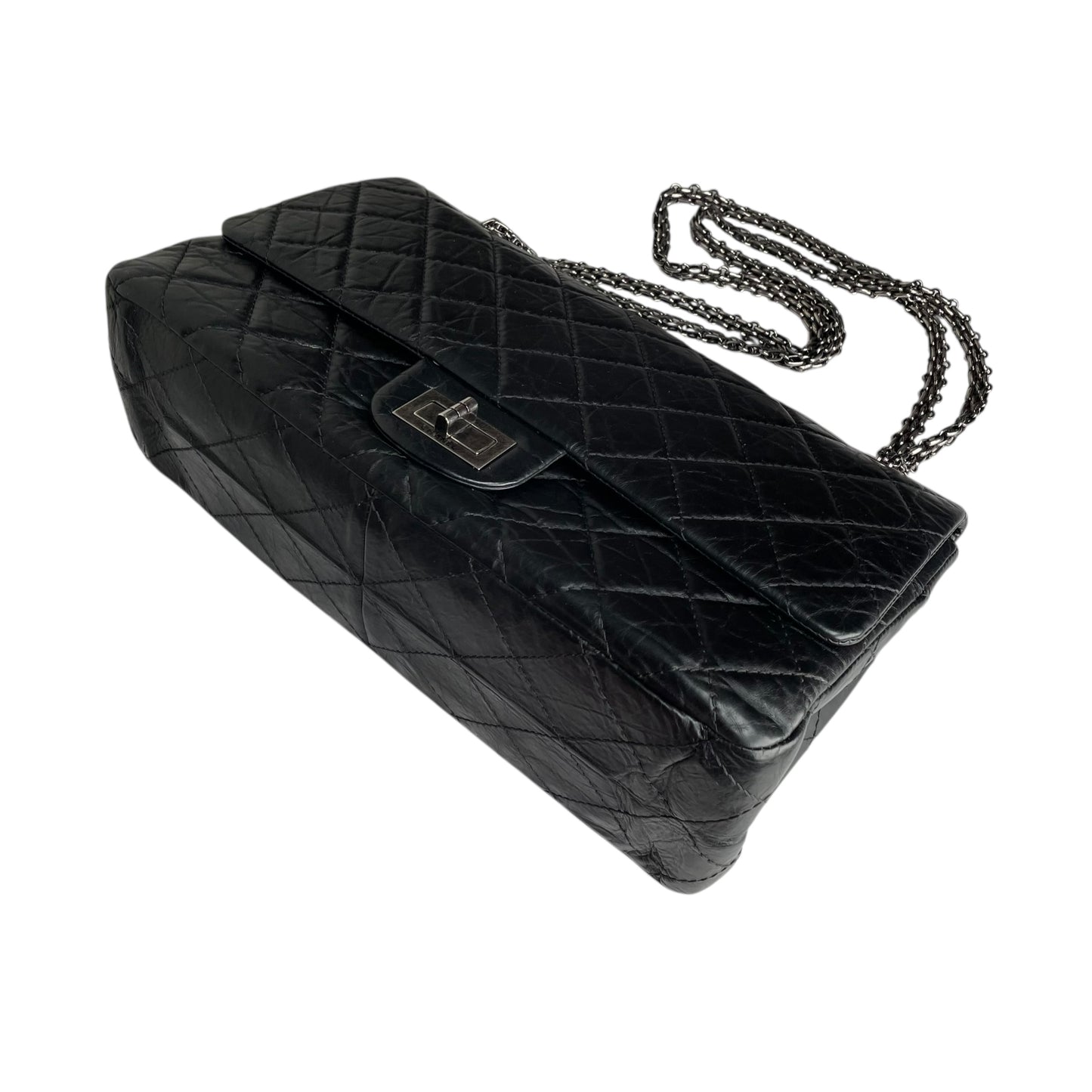 Chanel CC 255 Re-Issue Large Black Aged Calf Gunmetal Hardware Double Flap Purse