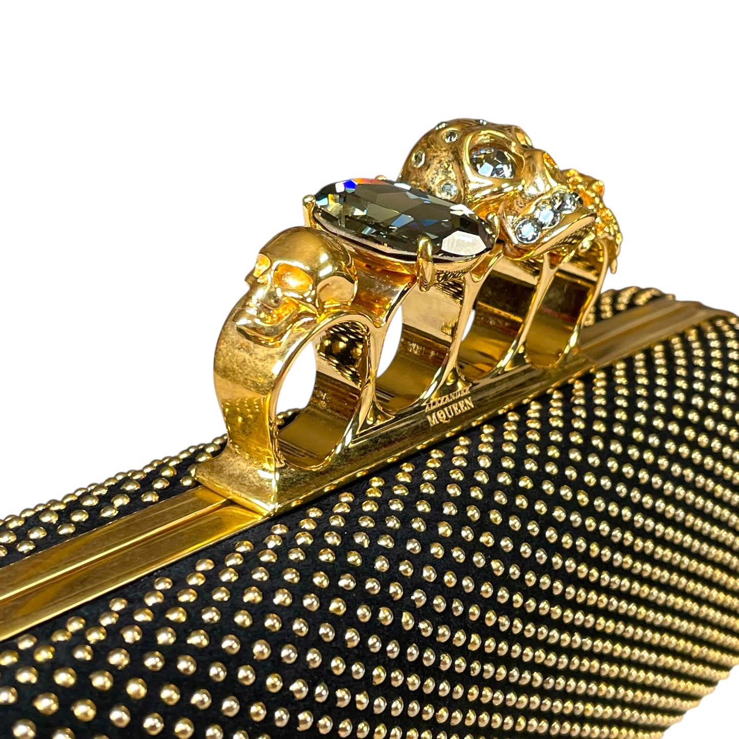 Alexander McQueen Crystal Studded Knuckle Clutch Skull Ring Blue Stone Bag