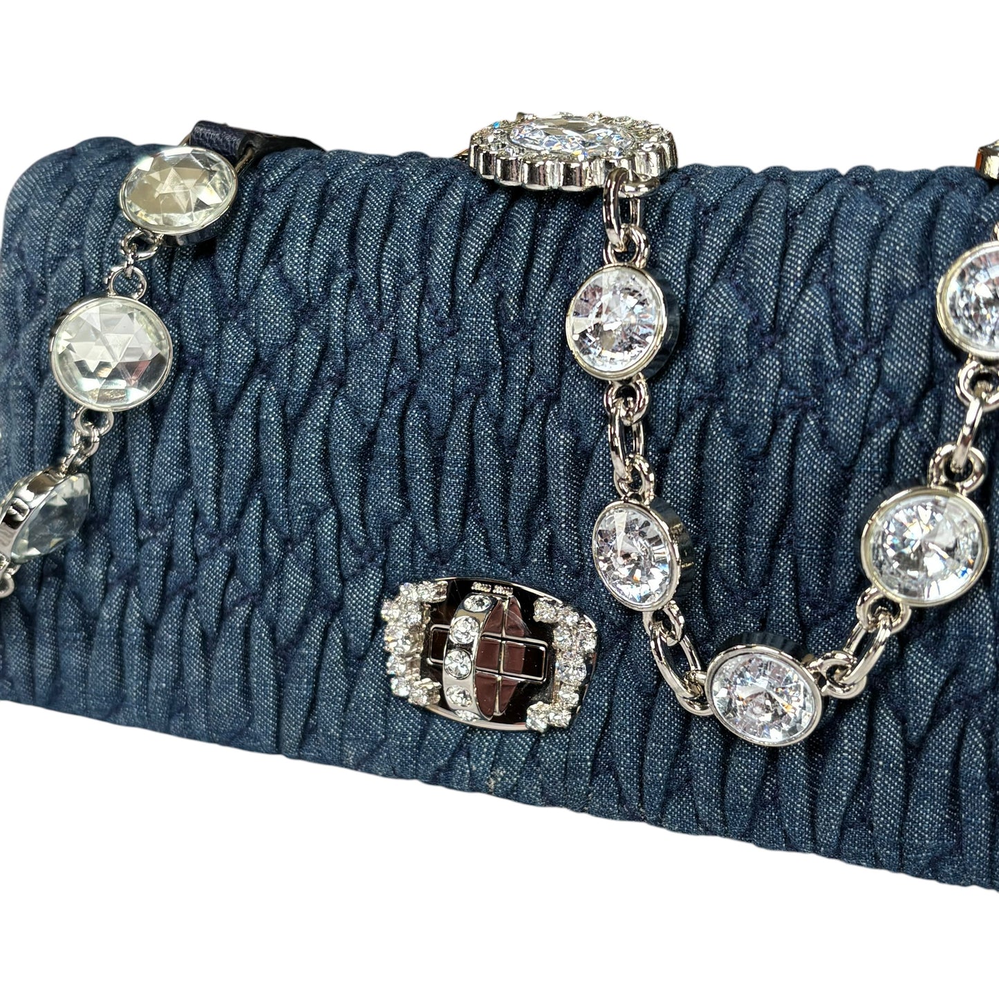 Miu Miu Crystal SHW Encrusted Denim 2-Way Crossbody Flap Turn-Lock Purse