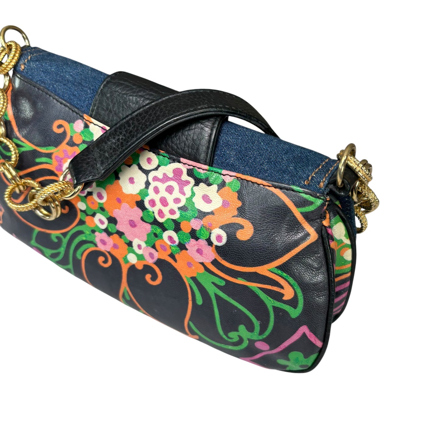 Dolce & Gabbana D & G Y2K Denim Buckle Baguette Floral Limited Leather Chain Purse