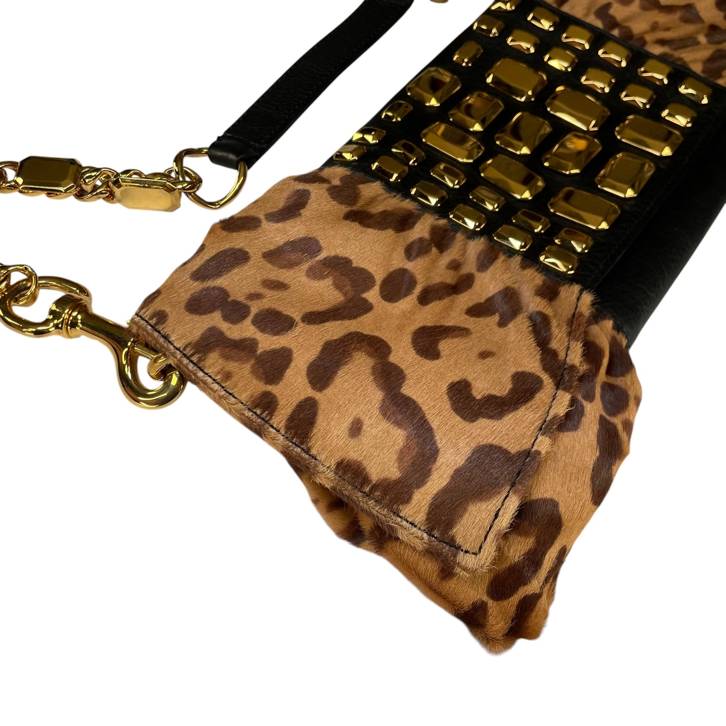 Valentino Leopard Pony Hair Studded GHW East-West Chain Shoulder Bag / Clutch