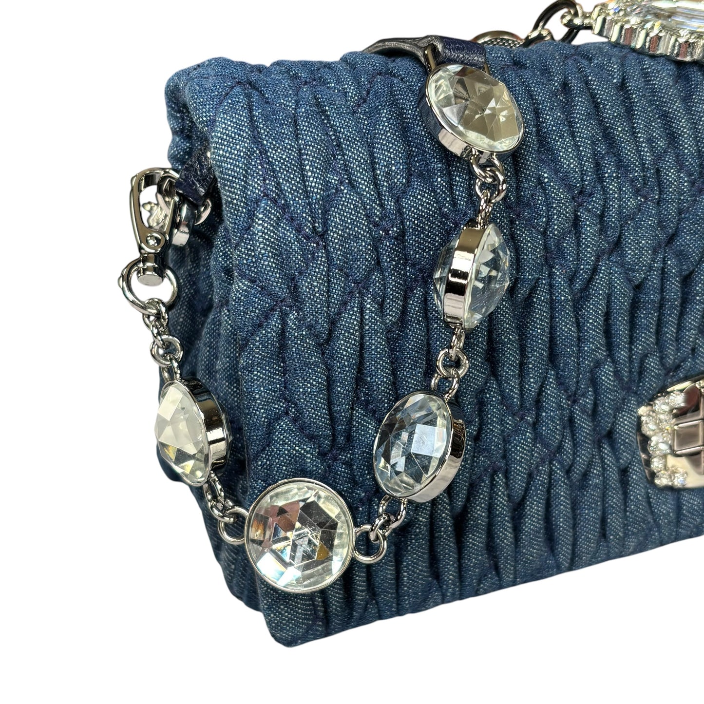 Miu Miu Crystal SHW Encrusted Denim 2-Way Crossbody Flap Turn-Lock Purse