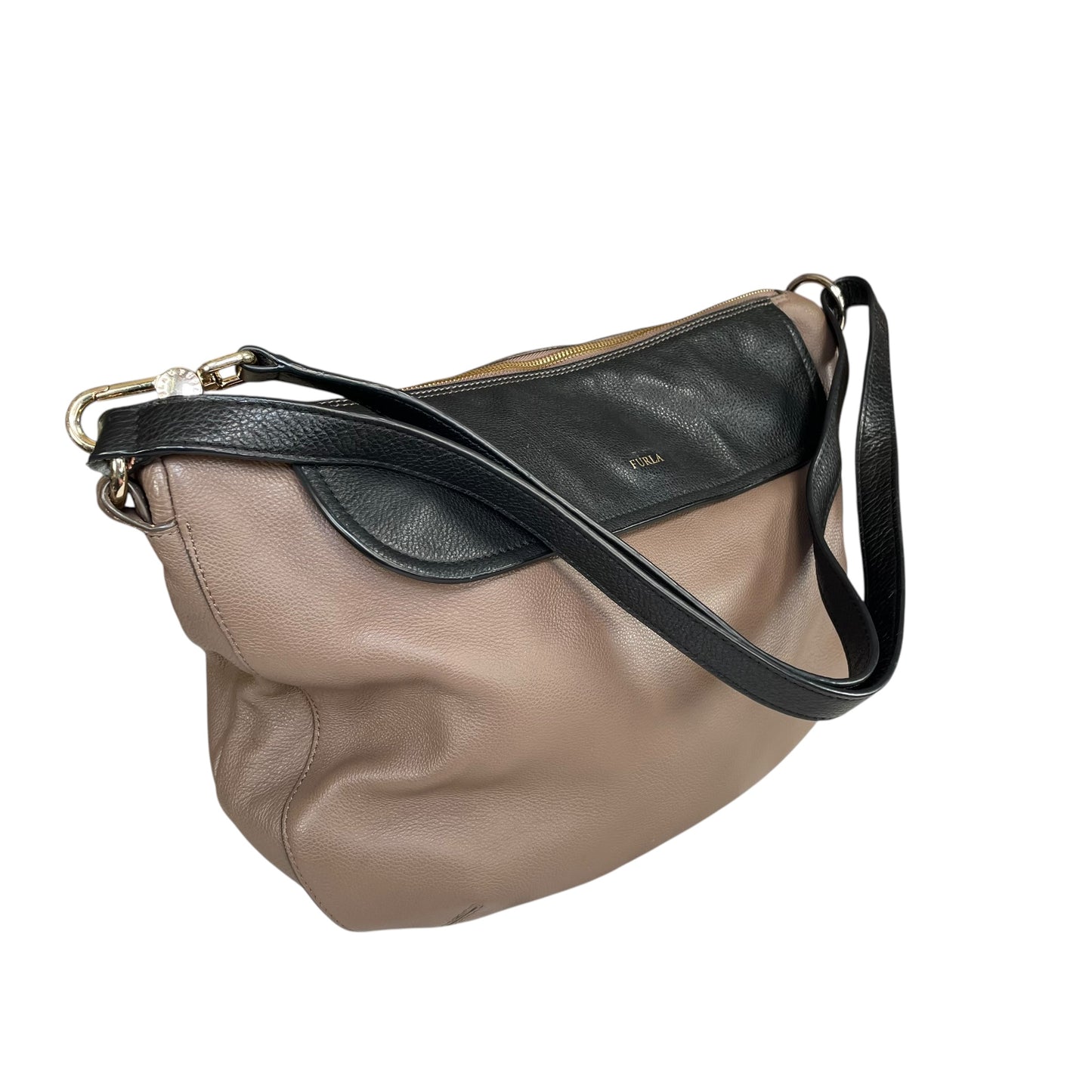 Furla Metropolis Two-Tone GHW Leather Taupe Black 2-Way Shoulder Hobo Purse