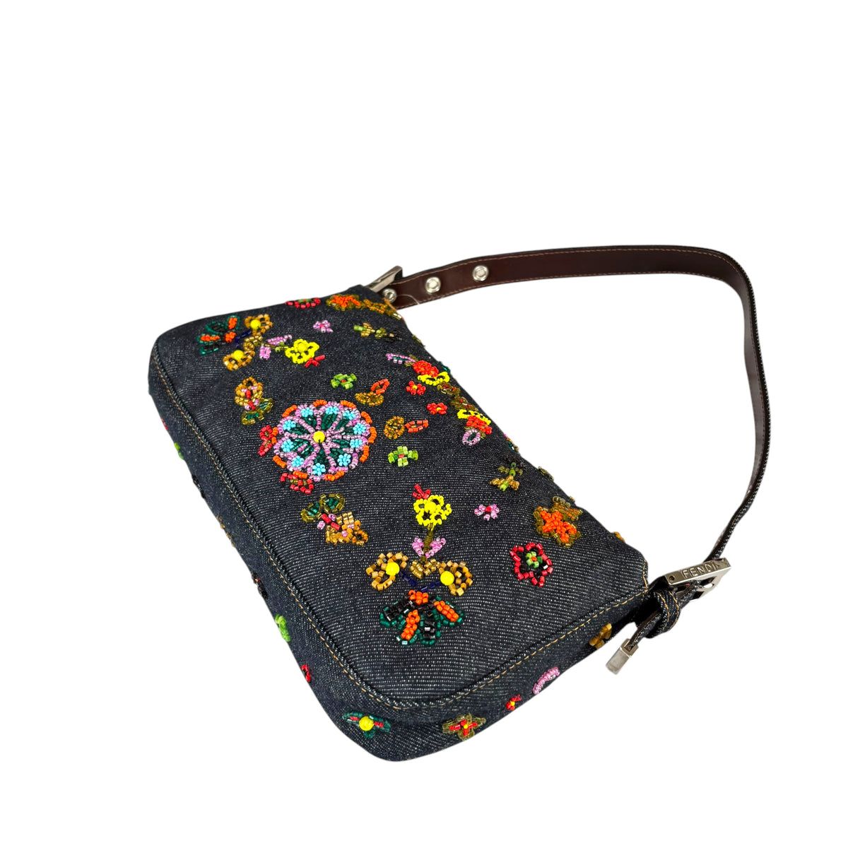 Fendi Y2K Denim Classic Floral Beaded Baguette Shoulder Purse