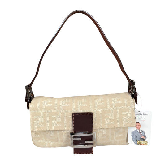 Fendi Baguette Y2K Zucca Monogram Cream Brown Fabric Leather Shoulder Purse