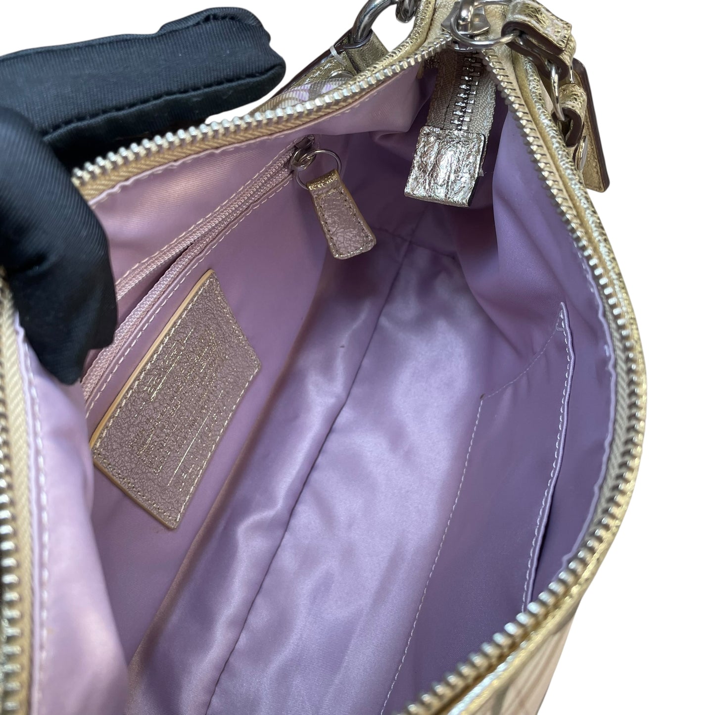 Coach Demi Tartan Plaid Nylon Bag Metallic Gray Gold Leather Shoulder Crossbody Y2K