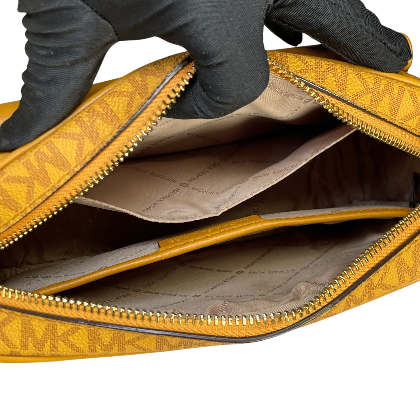 Micheal Kors Mustard GHW Jet Set Leather Canvas Crossbody
