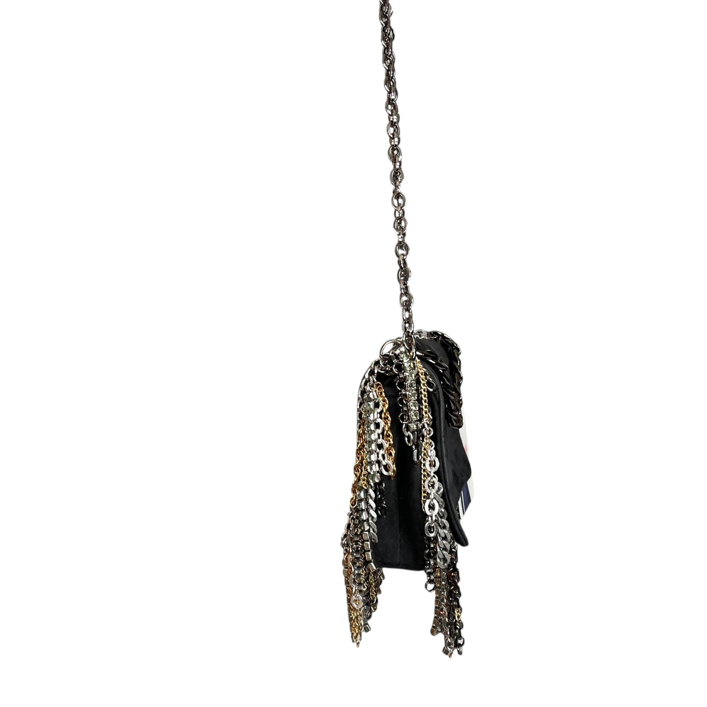 Jimmy Choo  Mini Black Suede Mixed Chain Rhinestone Fringe Hardware 2-Way Clutch Shoulder Purse